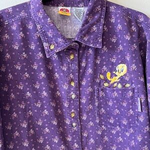 LooneyTunes WB Purple Tweety Embroidered Women 100%Cotton button down shirt